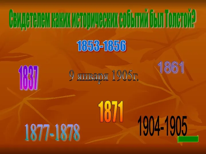 Свидетелем каких исторических событий был Толстой? 1837 1853-1856 1871 1877-1878 1904-1905 9 января 1905г. 1861