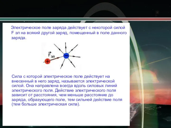 Электрическое поле заряда действует с некоторой силой F эл на всякий