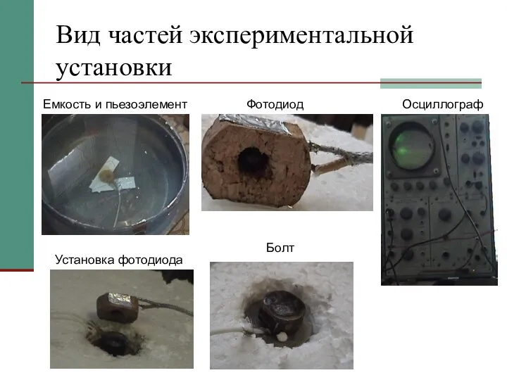 Вид частей экспериментальной установки Емкость и пьезоэлемент Фотодиод Установка фотодиода Осциллограф Болт