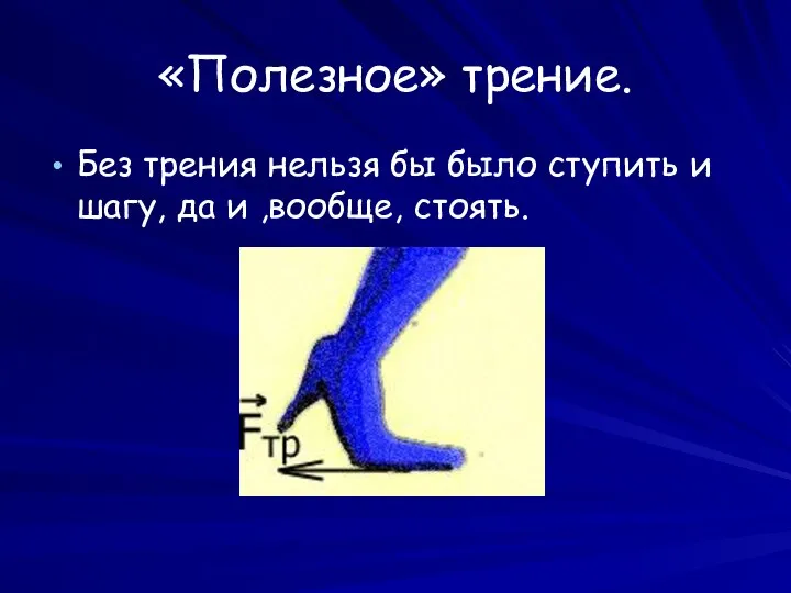 «Полезное» трение. Без трения нельзя бы было ступить и шагу, да и ,вообще, стоять.