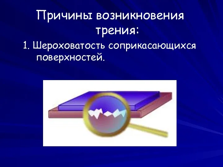 Причины возникновения трения: 1. Шероховатость соприкасающихся поверхностей.