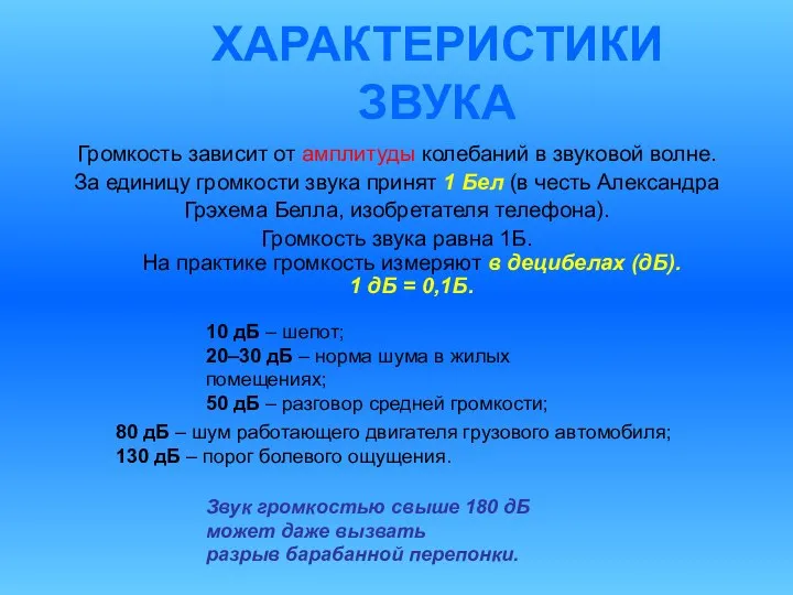 ХАРАКТЕРИСТИКИ ЗВУКА Громкость зависит от амплитуды колебаний в звуковой волне. За