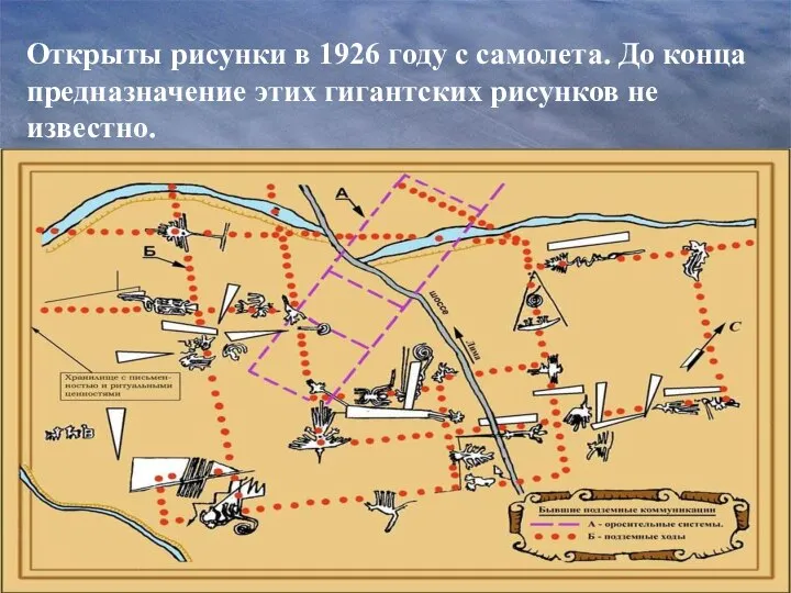 Открыты рисунки в 1926 году с самолета. До конца предназначение этих гигантских рисунков не известно.