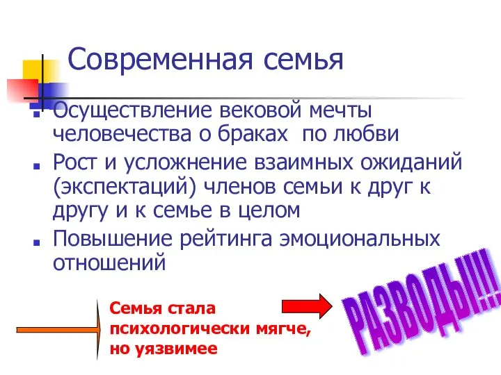 Современная семья Осуществление вековой мечты человечества о браках по любви Рост