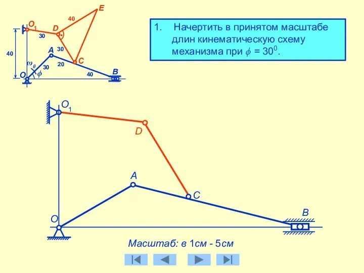 1. Начертить в принятом масштабе длин кинематическую схему механизма при ϕ