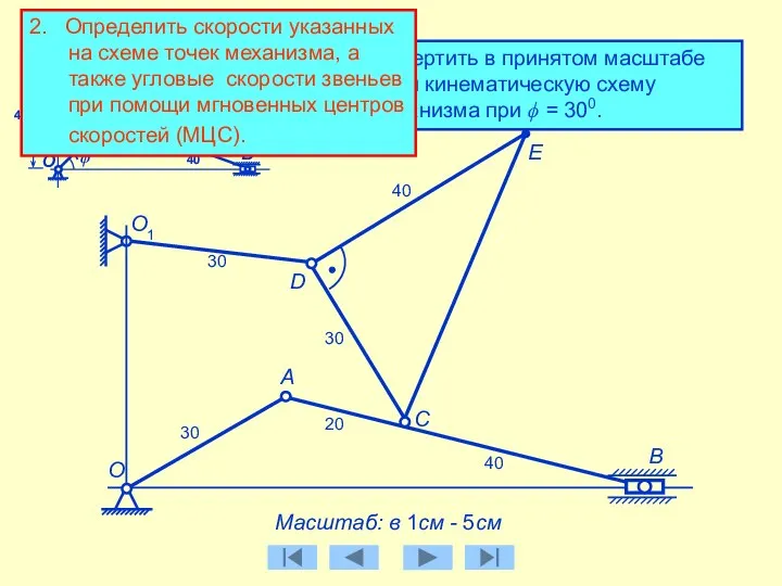 1. Начертить в принятом масштабе длин кинематическую схему механизма при ϕ