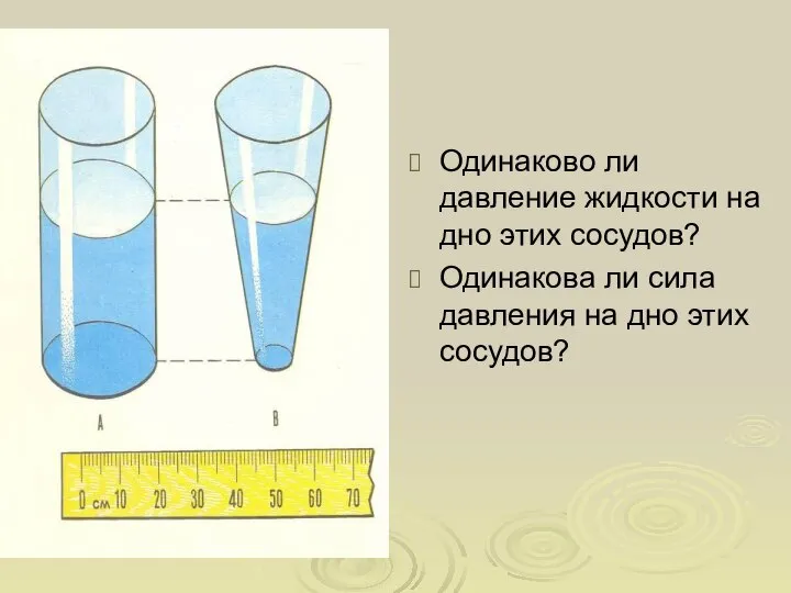 Одинаково ли давление жидкости на дно этих сосудов? Одинакова ли сила давления на дно этих сосудов?