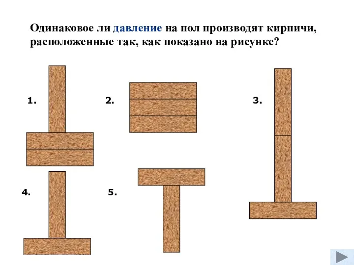 Одинаковое ли давление на пол производят кирпичи, расположенные так, как показано