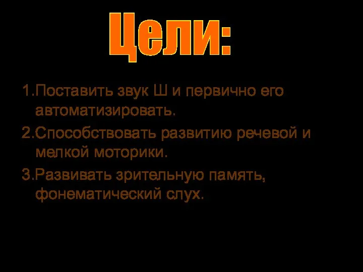 1.Поставить звук Ш и первично его автоматизировать. 2.Способствовать развитию речевой и