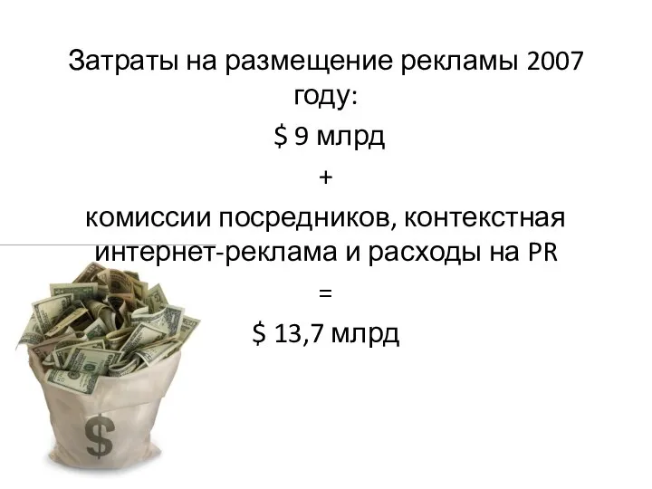 Затраты на размещение рекламы 2007 году: $ 9 млрд + комиссии