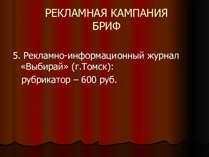 РЕКЛАМНАЯ КАМПАНИЯ БРИФ 5. Рекламно-информаци онный журнал «Выбирай» (г.Томск): рубрикатор – 600 руб.