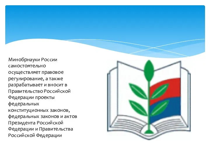 Минобрнауки России самостоятельно осуществляет правовое регулирование, а также разрабатывает и вносит