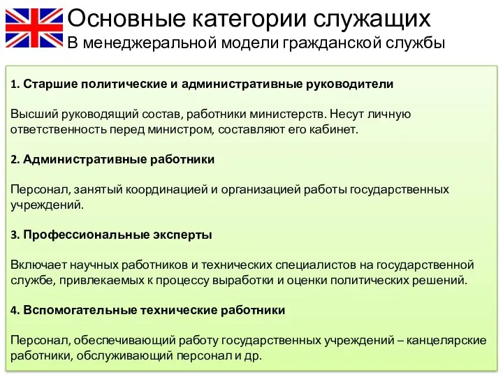 Основные категории служащих В менеджеральной модели гражданской службы 1. Старшие политические