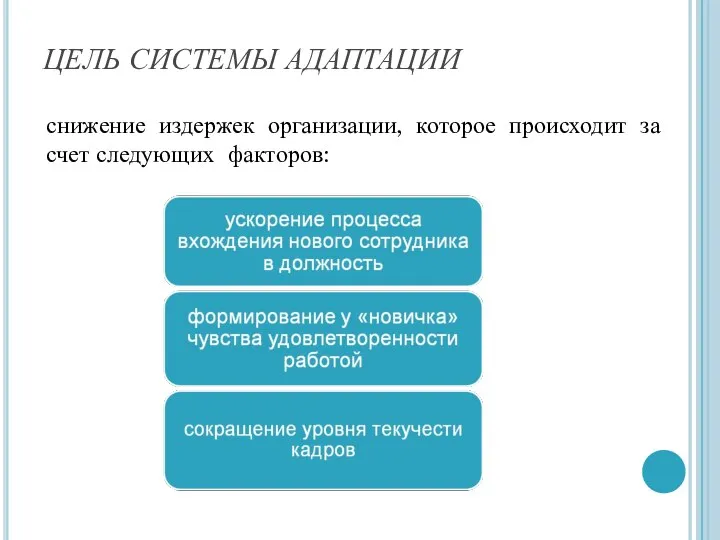 ЦЕЛЬ СИСТЕМЫ АДАПТАЦИИ снижение издержек организации, которое происходит за счет следующих факторов: