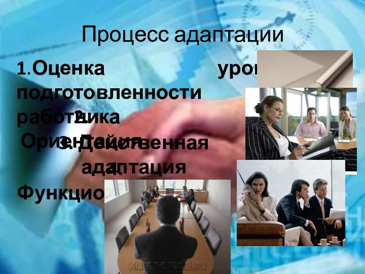 Процесс адаптации 1.Оценка уровня подготовленности нового работника 2. Ориентация 3. Действенная адаптация 4. Функционирование