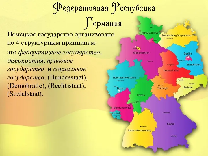 Немецкое государство организовано по 4 структурным принципам: это федеративное государство, демократия,