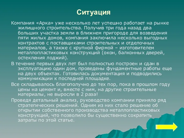 Ситуация Компания «Арка» уже несколько лет успешно работает на рынке жилищного