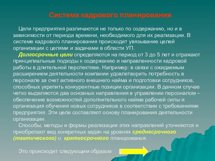 Система кадрового планирования Цели предприятия различаются не только по содержанию, но