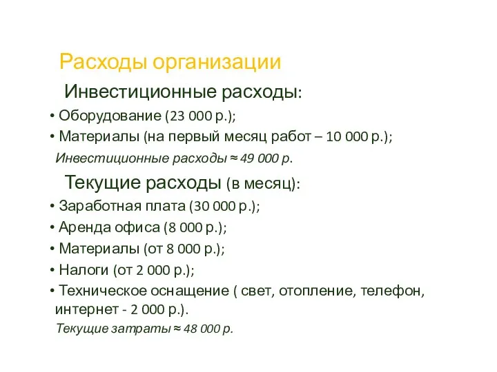 Расходы организации Инвестиционные расходы: Оборудование (23 000 р.); Материалы (на первый