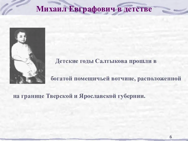 Михаил Евграфович в детстве Детские годы Салтыкова прошли в богатой помещичьей