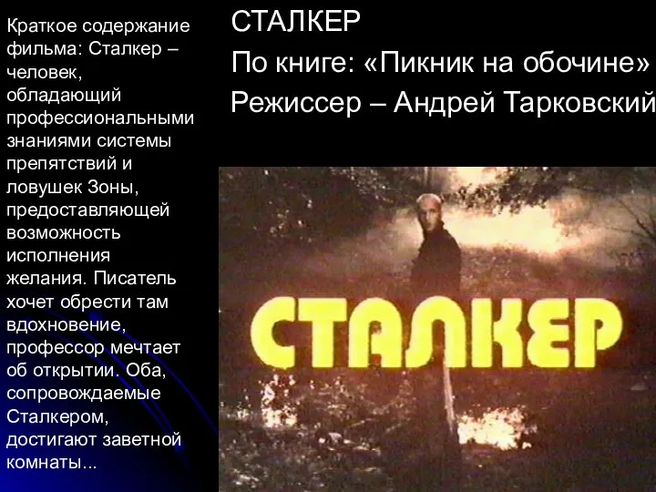 СТАЛКЕР По книге: «Пикник на обочине» Режиссер – Андрей Тарковский Краткое