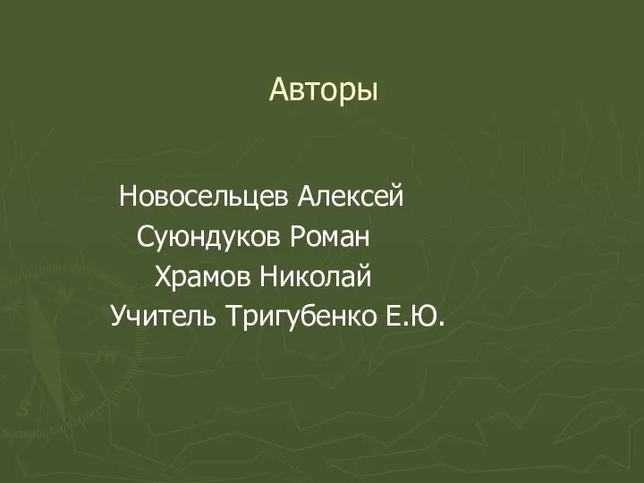 Авторы Новосельцев Алексей Суюндуков Роман Храмов Николай Учитель Тригубенко Е.Ю.