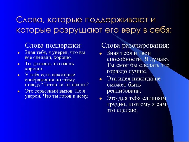 Слова, которые поддерживают и которые разрушают его веру в себя: Слова