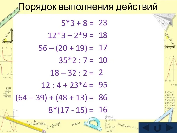 Порядок выполнения действий 23 18 17 10 2 95 86 16