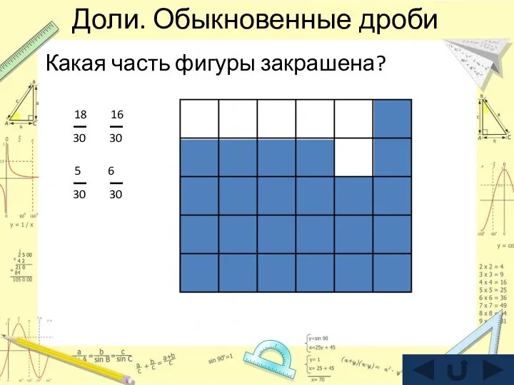 Доли. Обыкновенные дроби Какая часть фигуры закрашена?