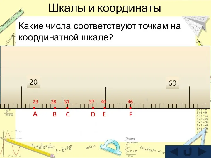 Шкалы и координаты Какие числа соответствуют точкам на координатной шкале? 20