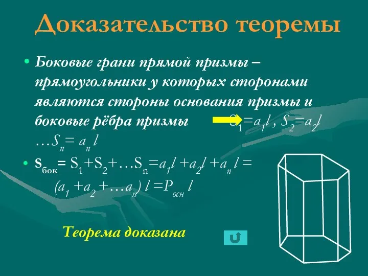 Доказательство теоремы Боковые грани прямой призмы – прямоугольники у которых сторонами