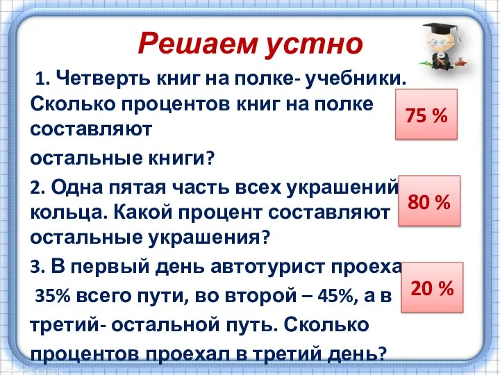 Решаем устно 1. Четверть книг на полке- учебники. Сколько процентов книг