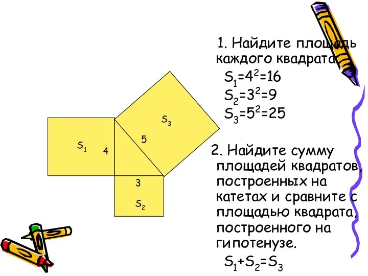 1. Найдите площадь каждого квадрата. S1=42=16 S2=32=9 S3=52=25 2. Найдите сумму