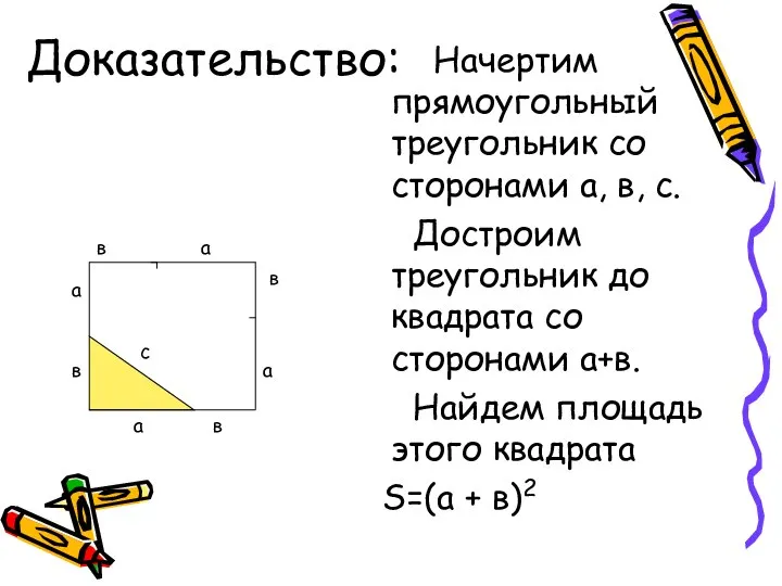 Начертим прямоугольный треугольник со сторонами а, в, с. Достроим треугольник до