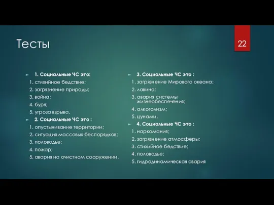 Тесты 1. Социальные ЧС это: 1. стихийное бедствие; 2. загрязнение природы;