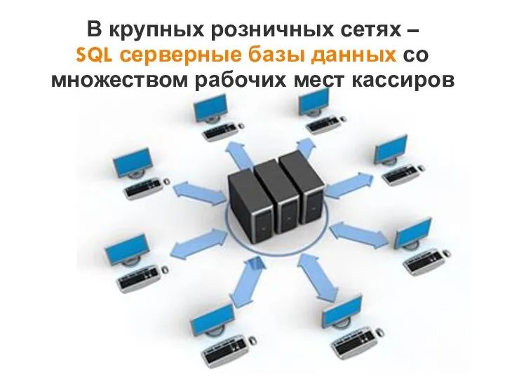 В крупных розничных сетях – SQL серверные базы данных со множеством рабочих мест кассиров