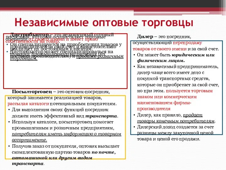 Независимые оптовые торговцы Дистрибьютор – это независимый оптовый посредник, который осуществляет