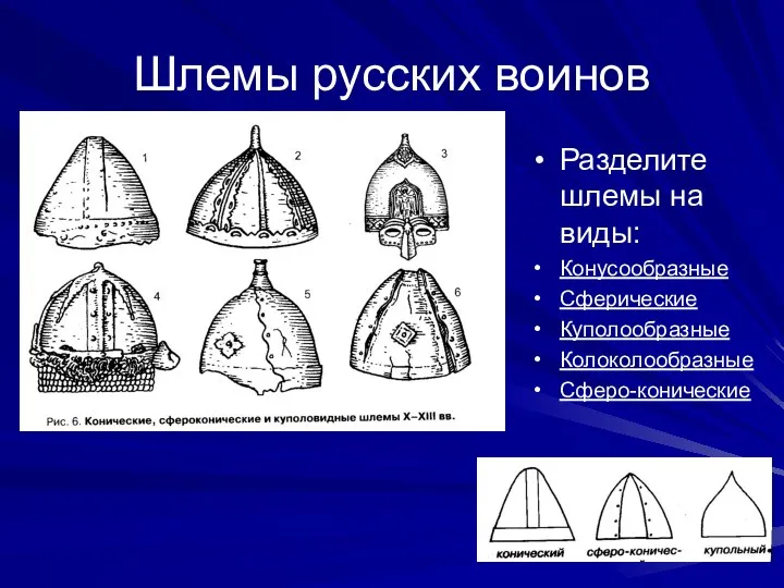 Шлемы русских воинов Разделите шлемы на виды: Конусообразные Сферические Куполообразные Колоколообразные Сферо-конические