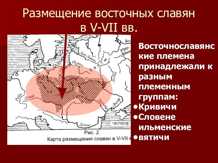 Размещение восточных славян в V-VII вв. Восточнославянские племена принадлежали к разным