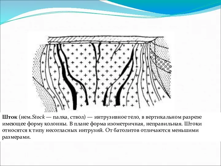 Штоки. Шток (нем.Stock — палка, ствол) — интрузивное тело, в вертикальном