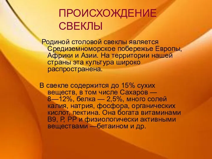 ПРОИСХОЖДЕНИЕ СВЕКЛЫ Родиной столовой свеклы является Средиземноморское побережье Европы, Африки и