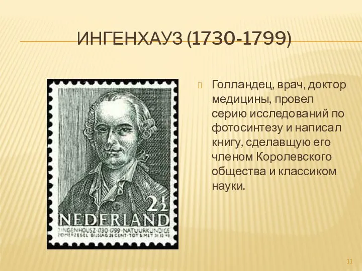 Ингенхауз (1730-1799) Голландец, врач, доктор медицины, провел серию исследований по фотосинтезу