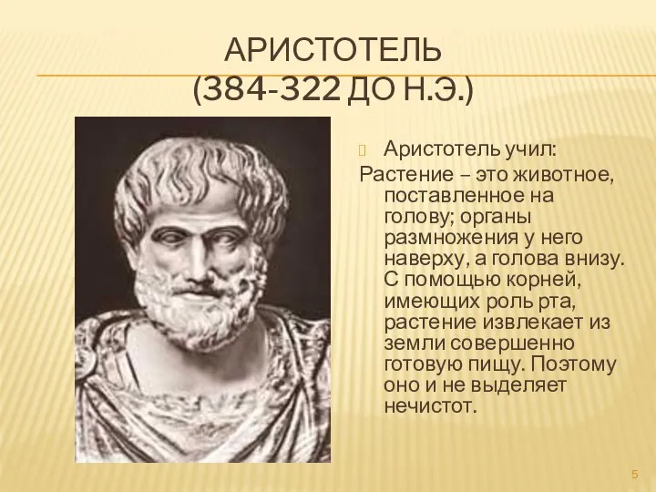 Аристотель (384-322 до н.э.) Аристотель учил: Растение – это животное, поставленное