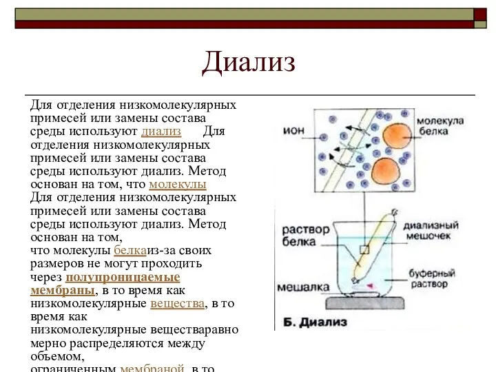 Диализ Для отделения низкомолекулярных примесей или замены состава среды используют диализ