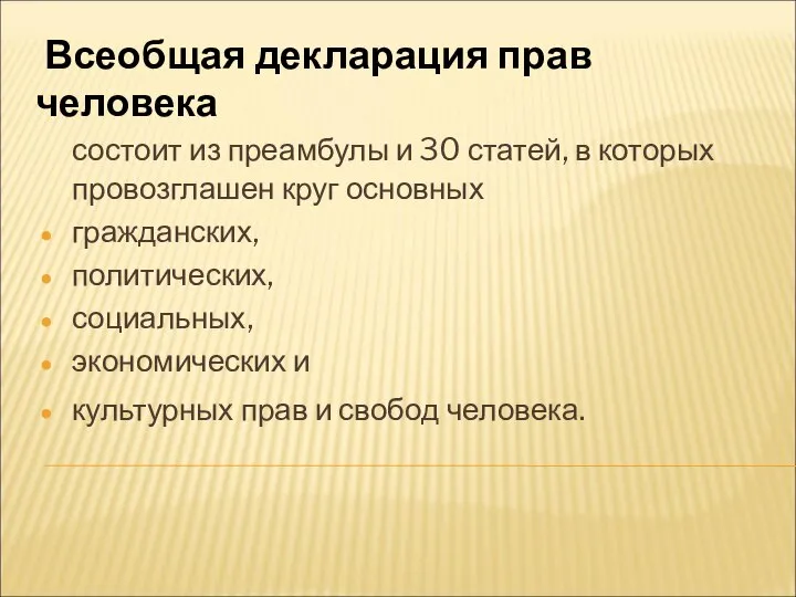 состоит из преамбулы и 30 статей, в которых провозглашен круг основных