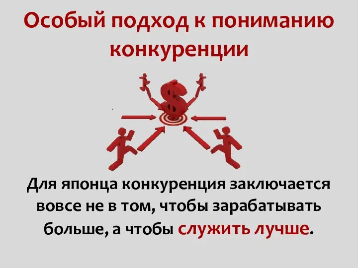 Особый подход к пониманию конкуренции Для японца конкуренция заключается вовсе не