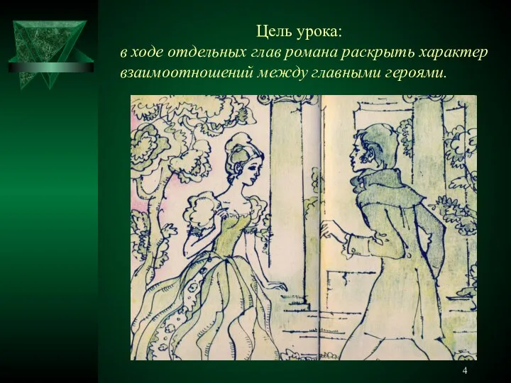 Цель урока: в ходе отдельных глав романа раскрыть характер взаимоотношений между главными героями.