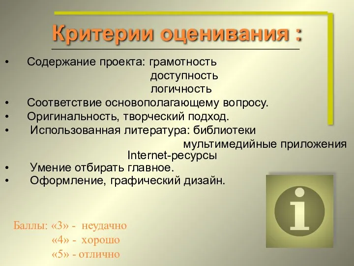 Критерии оценивания : Содержание проекта: грамотность доступность логичность Соответствие основополагающему вопросу.