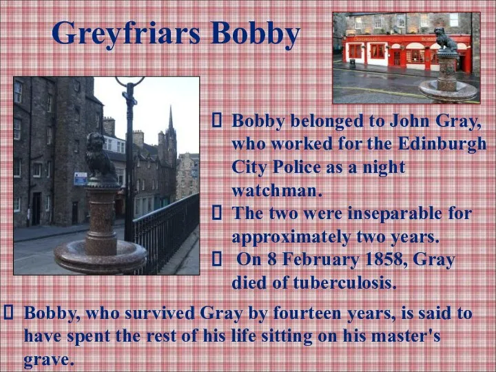 Greyfriars Bobby Bobby belonged to John Gray, who worked for the