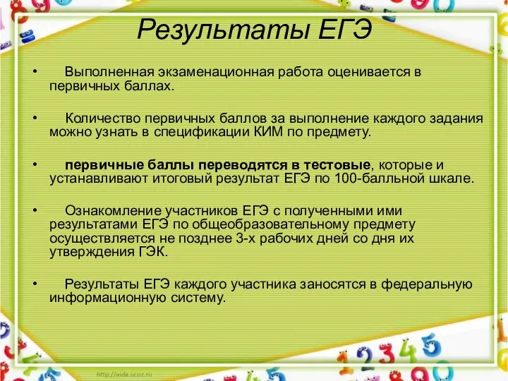 Результаты ЕГЭ Выполненная экзаменационная работа оценивается в первичных баллах. Количество первичных